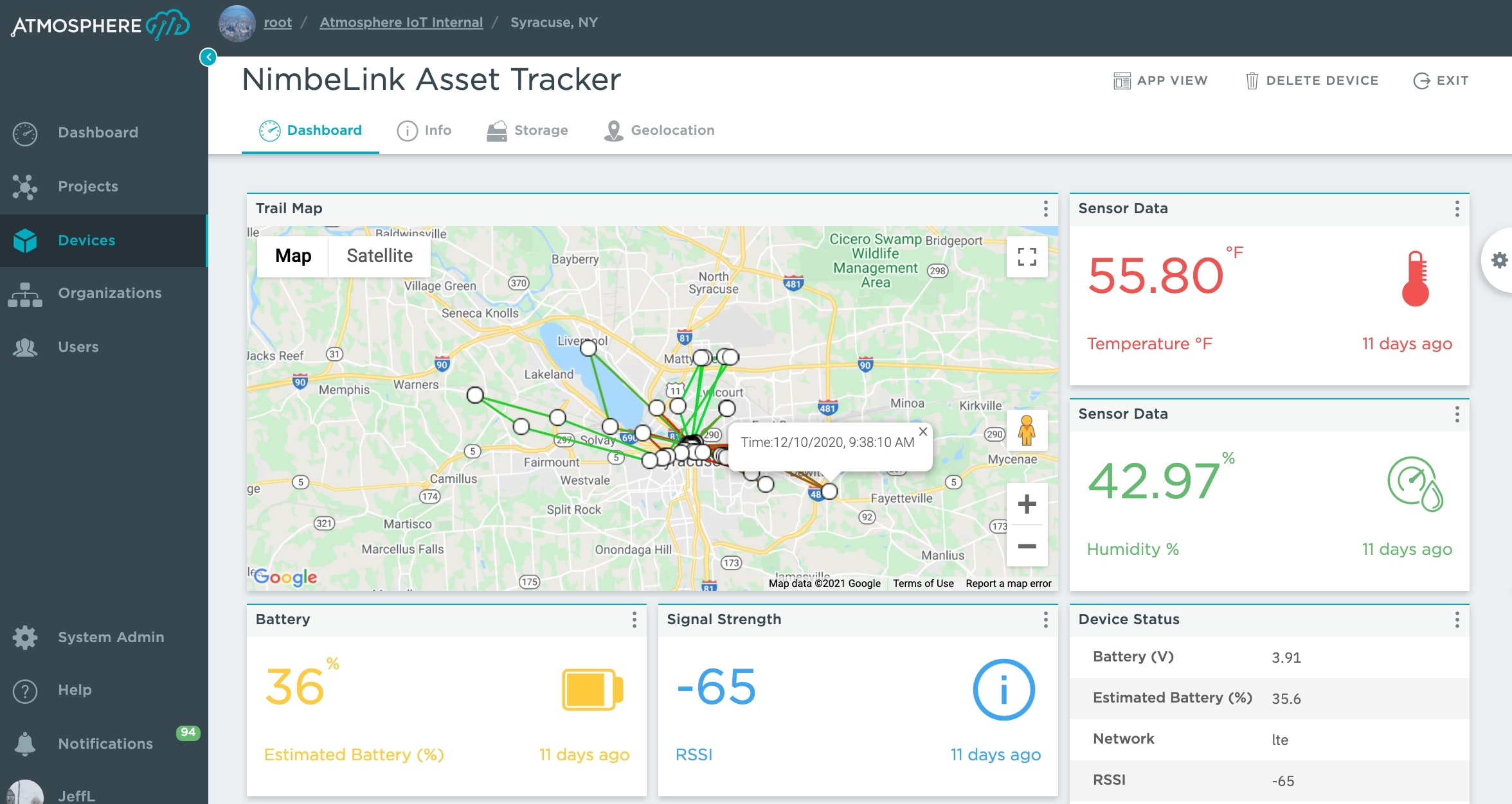 Atmosphere IoT Dashboard viewing a NimbeLink Asset Tracker sensor data